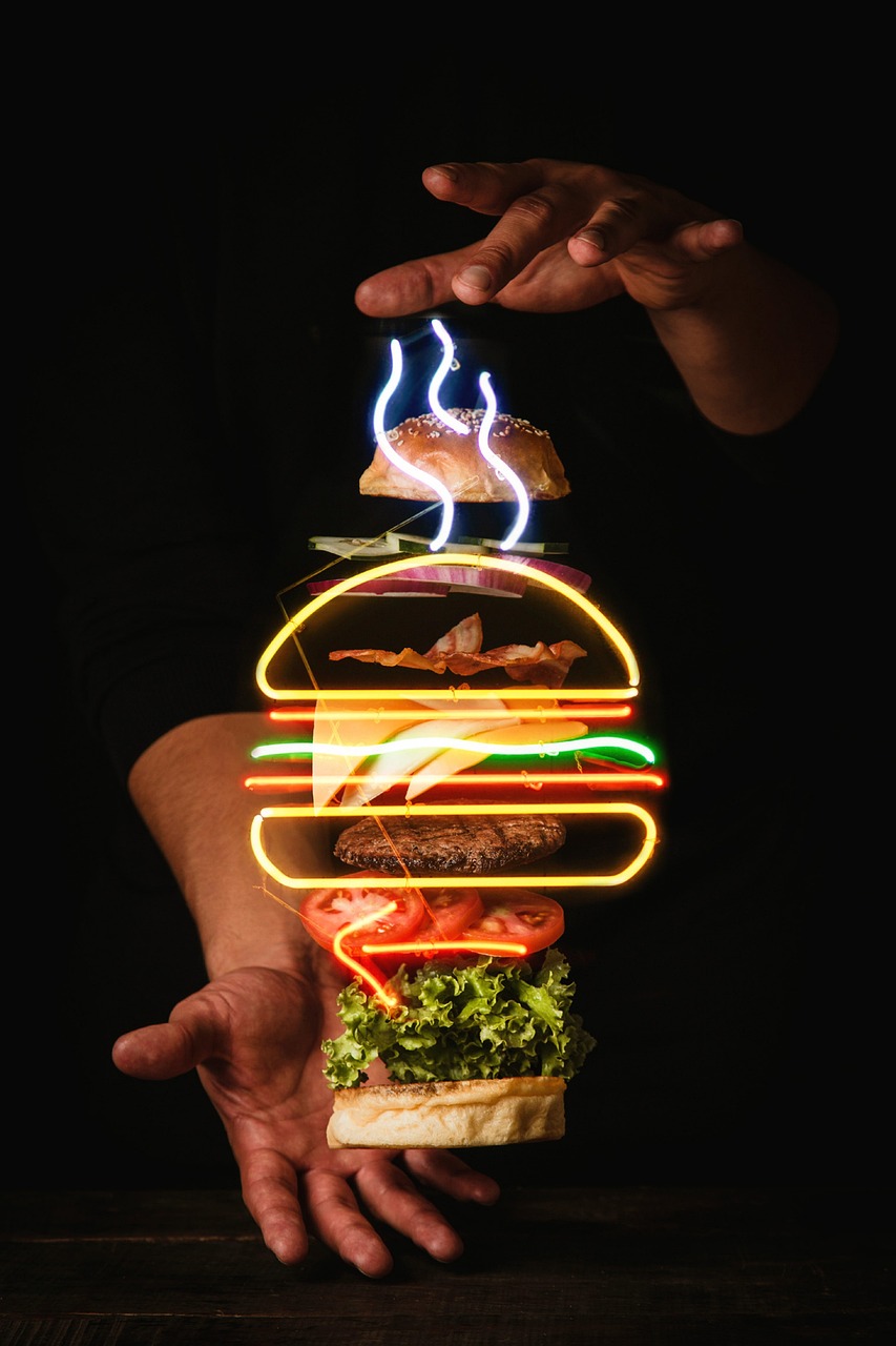 home-hero burger, patties, vegetables, buns, fast food, floating, hands, food, poster, advertising, neon, entrepreneurship, burger, burger, burger, burger, burger, fast food